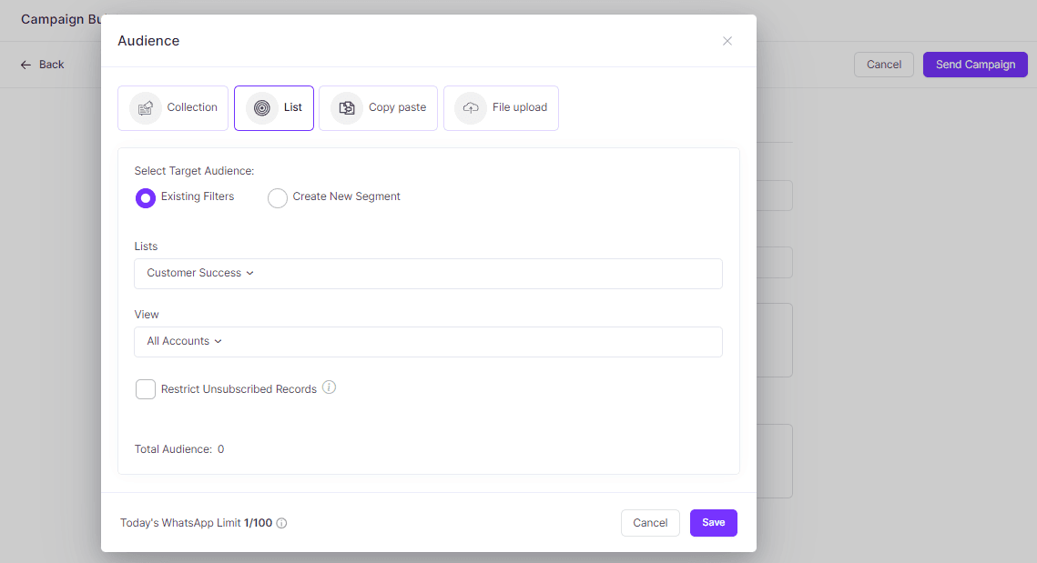 With Zixflow’s WhatsApp campaign builder you can select the collection, list upload files, and copy-paste your message.