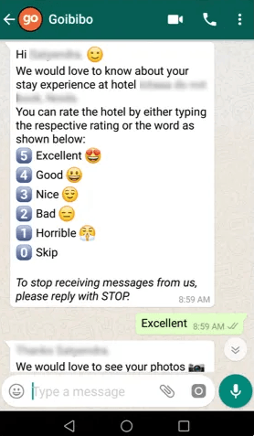 WhatsApp feedback message example from Goibibo.