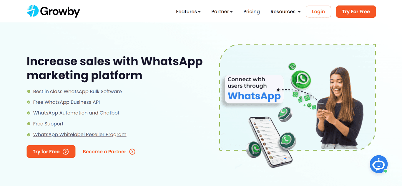 Homepage of Growby, a WhatsApp marketing platform for boosting sales.