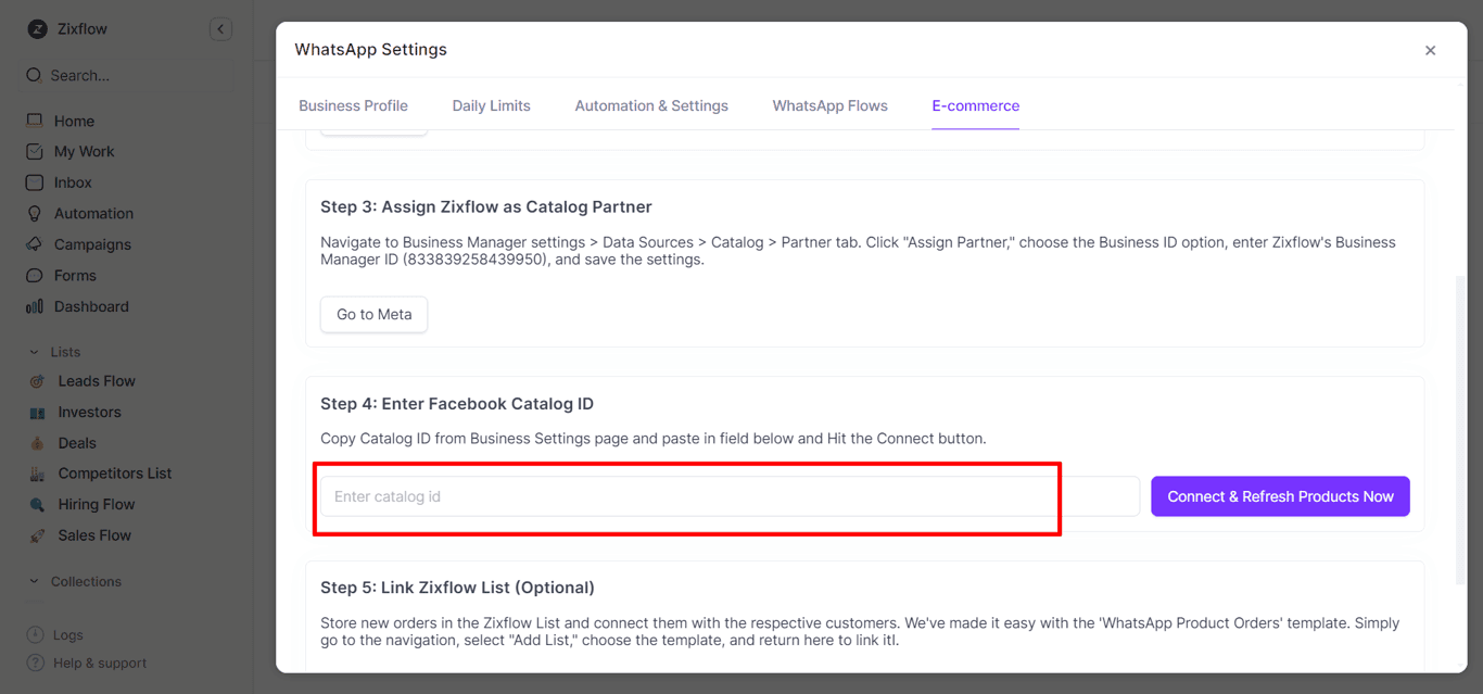 Facebook Catalog ID field where you have to enter the Catalog ID to link it with Zixflow.