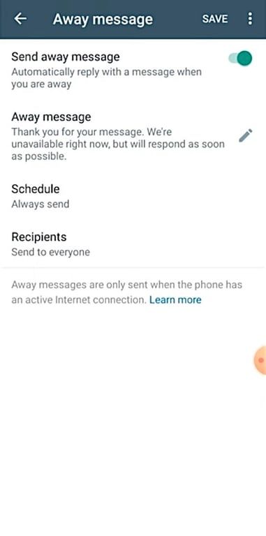 Save your away messages settings on WhatsApp Business.
