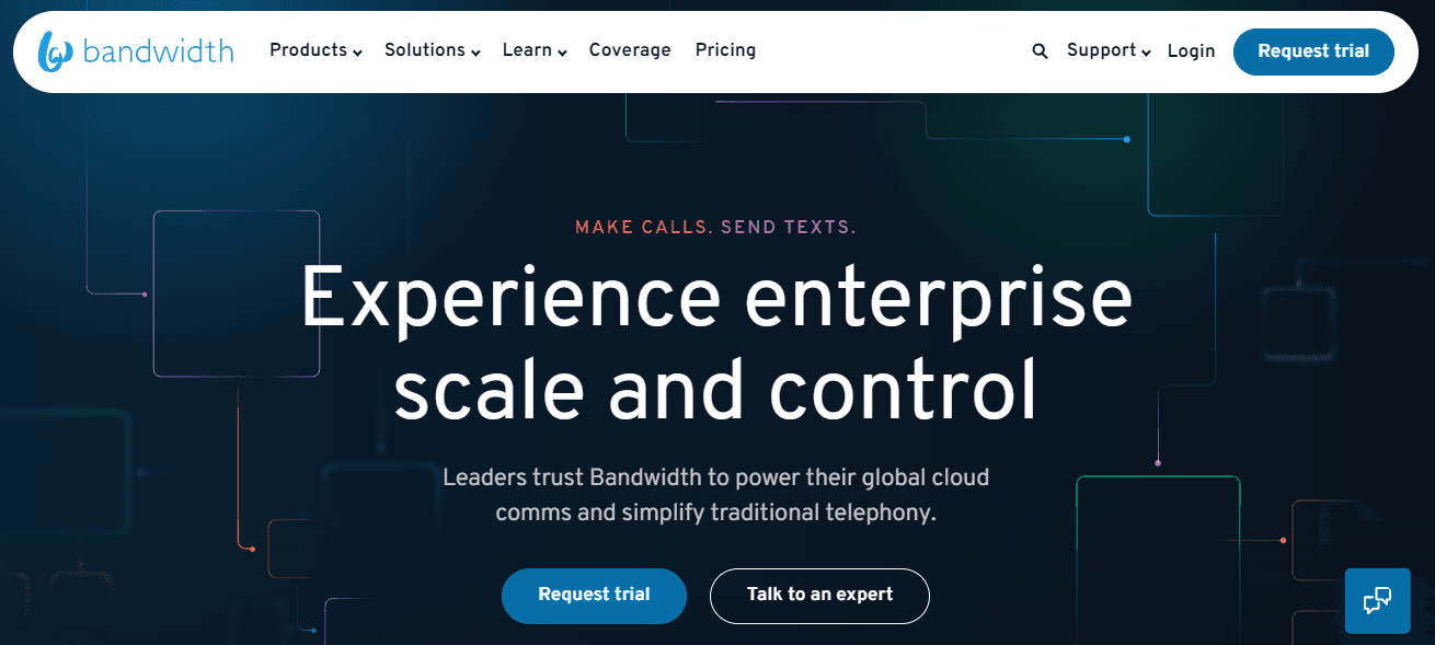 Homepage of Bandwidth, a cloud-based alternative to Twilio.