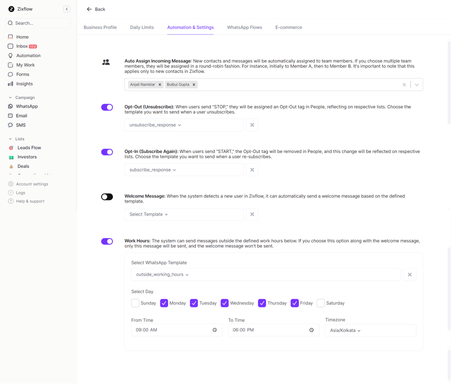 WhatsApp’s automation and advanced settings screen in Zixflow.