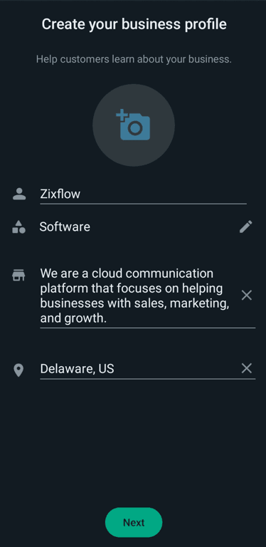 WhatsApp Business Profile screen in the WhatsApp Business App.