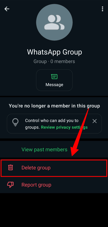 The 'Delete group’ option in the WhatsApp Group settings.