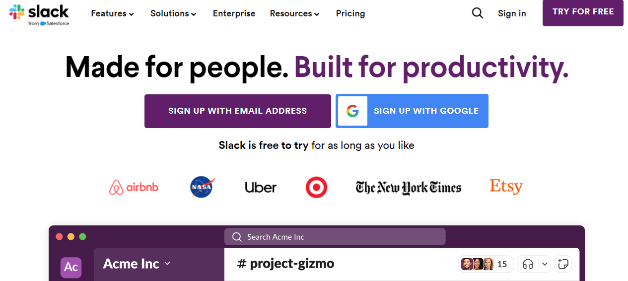 Homepage of Slack, a great alternative to WhatsApp Business.