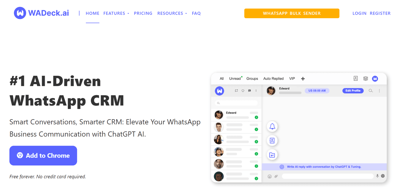 Homepage of WADeck, an AI-powered bulk WhatsApp platform.