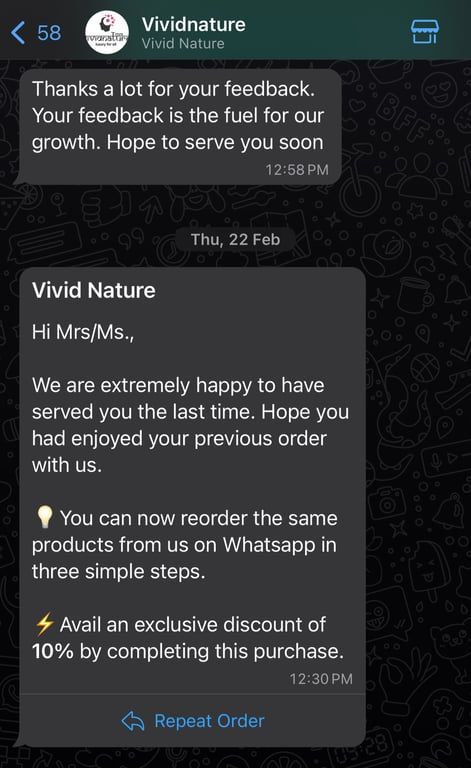 WhatsApp Business greeting message of feedback and reorder.