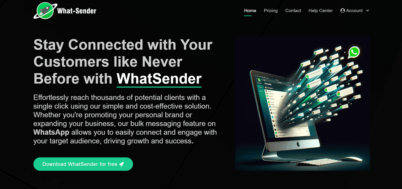 Homepage of WhatSender, a bulk WhatsApp marketing platform.