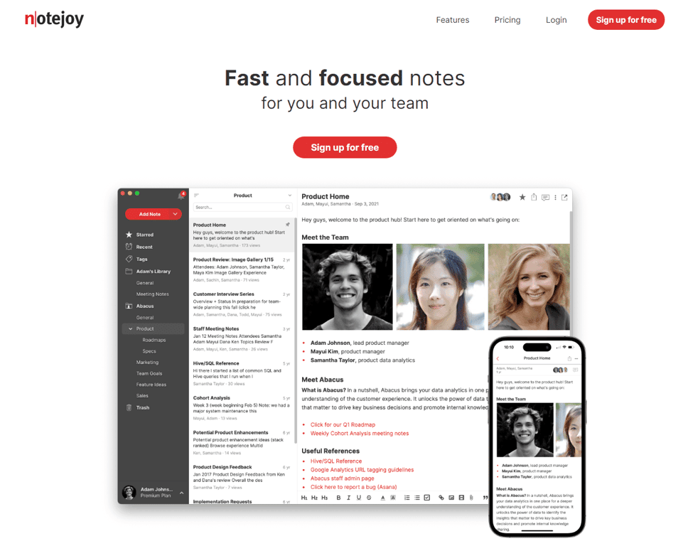 Notejoy, an easy-to-use Notion alternative.