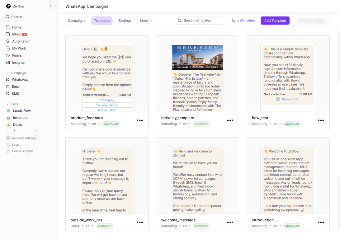 Various kinds of WhatsApp messaging templates in the Zixflow platform.