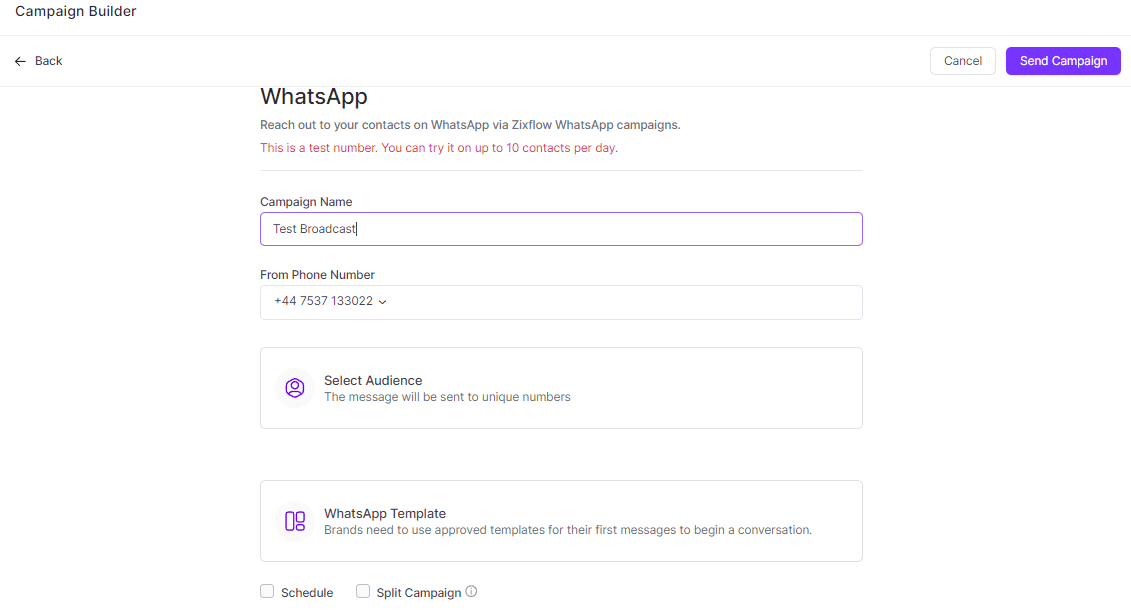 Zixflow’s easy-to-build WhatsApp campaign.