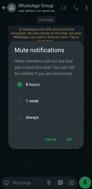 The various time periods for which you mute the notifications of your WhatsApp group.