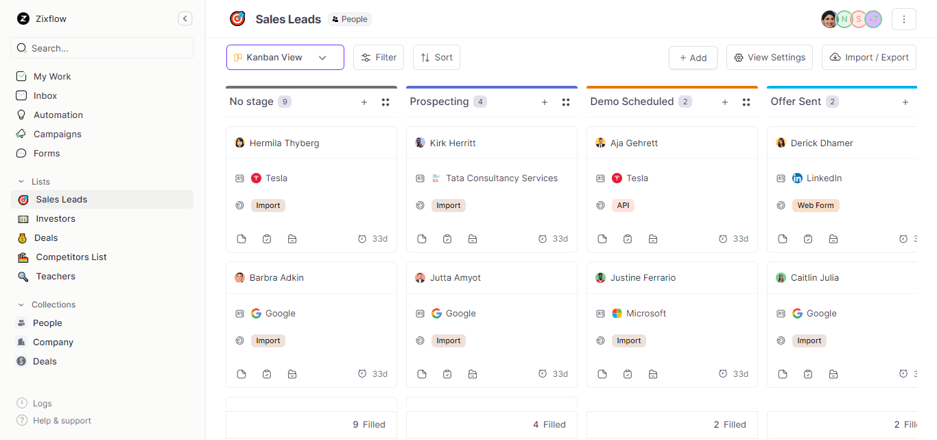 Zixflow’s pipeline view allows you to break your projects into smaller stages and motor them effectively.