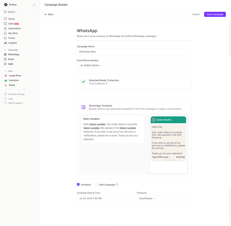 Zixflow’s WhatsApp Campaign creator for sending WhatsApp blast messages.