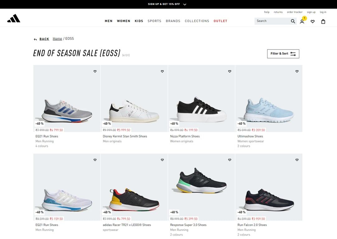 An example of an online selling platform, Adidas.