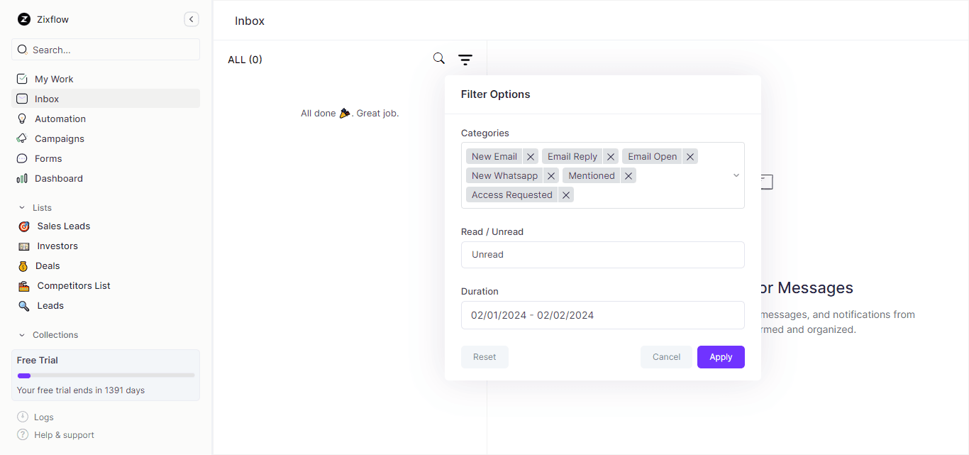 Zixflow’s unified inbox to manage your conversations.