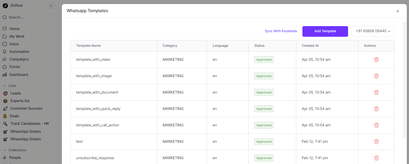 Zixflow provides approved WhatsApp templates for your ease.