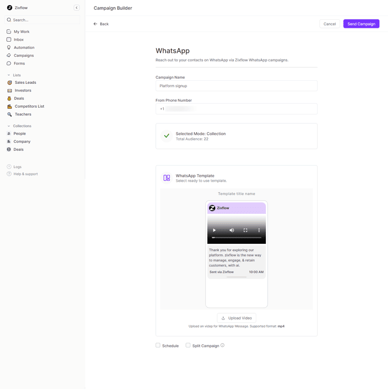 Zixflow WhatsApp campaign builder to integrate with WhatsApp Cloud API to send messages.