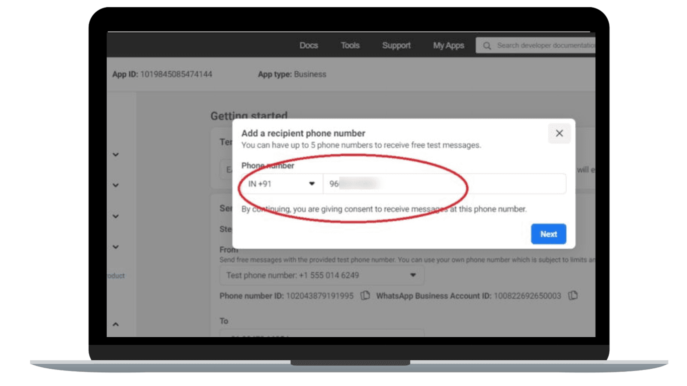 Add a recipient phone number to receive test messages from the WhatsApp Cloud API.