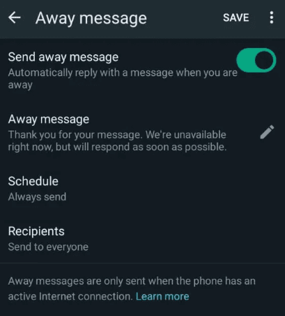 Choose away messages on WhatsApp Business.