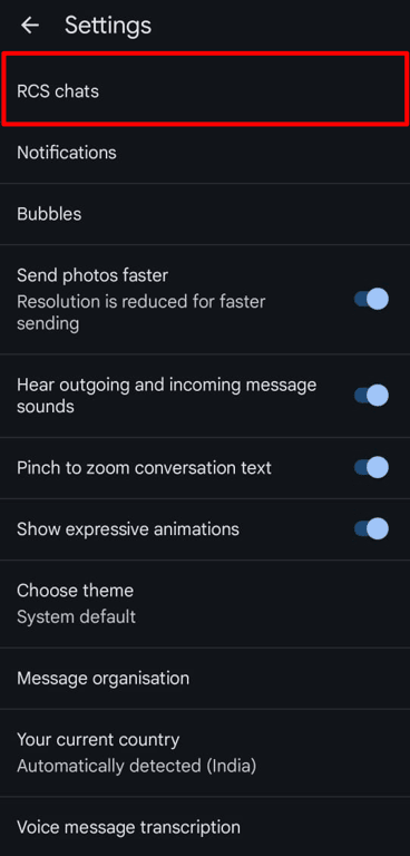 The RCS Chat option within the Google Message app.