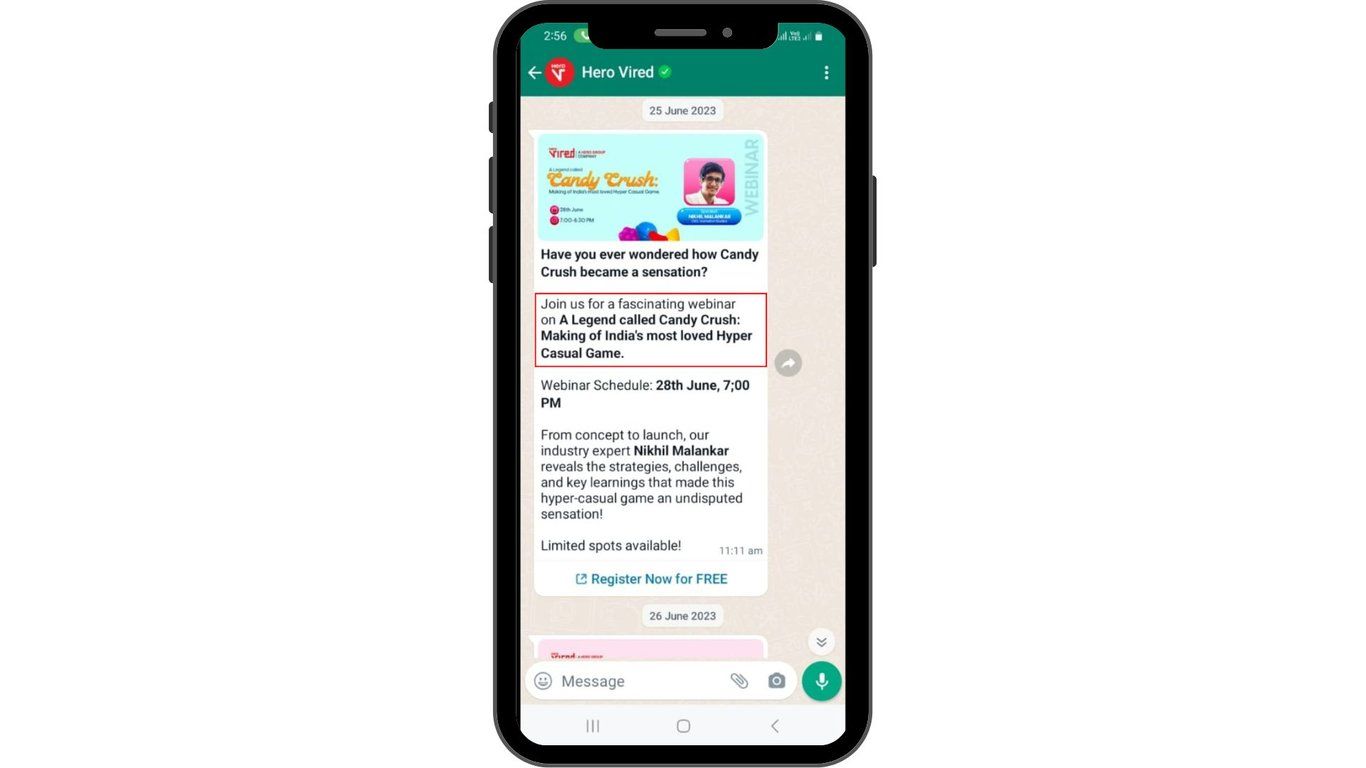 Upcoming event advertisement message with Hero Vired.