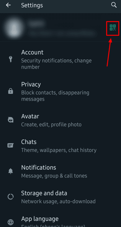 A code-like symbol in the WhatsApp Business app to access your QR code.