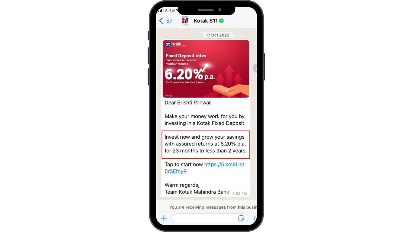 Recommendation offer advertisement message with Kotak Mahindra bank. 