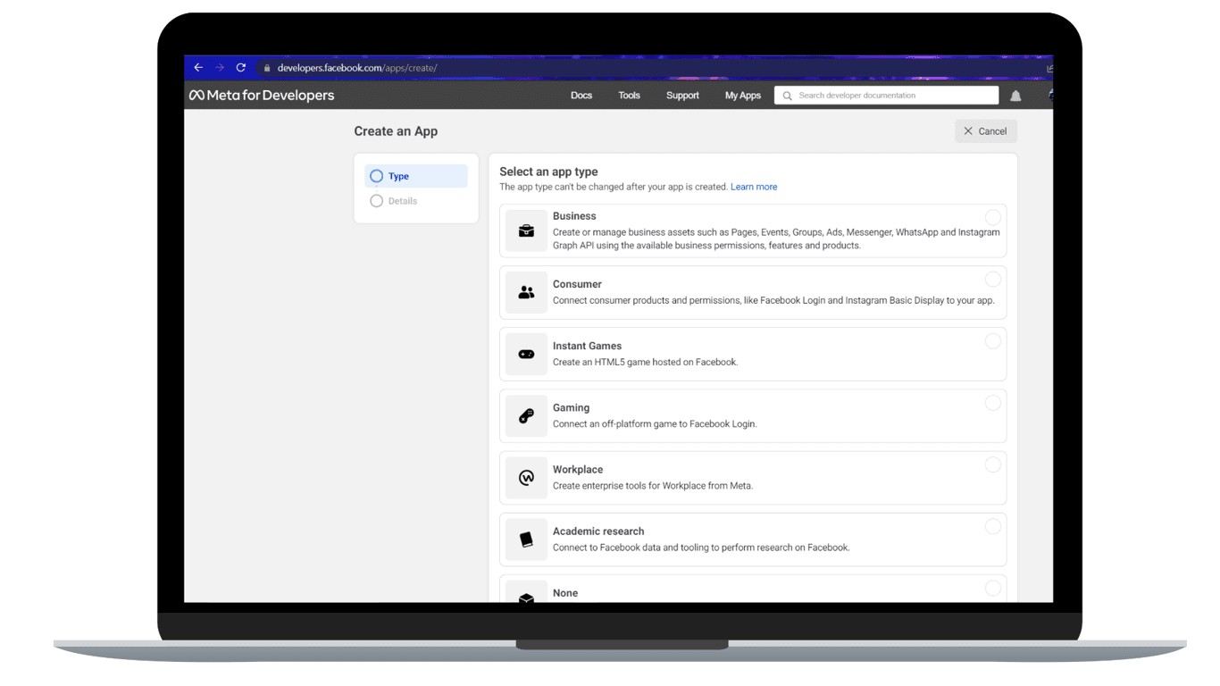 Different app types you can create for your Meta account.
