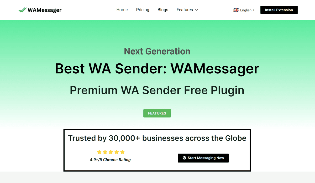 Homepage of WAMessager, a bulk WhatsApp marketing platform.