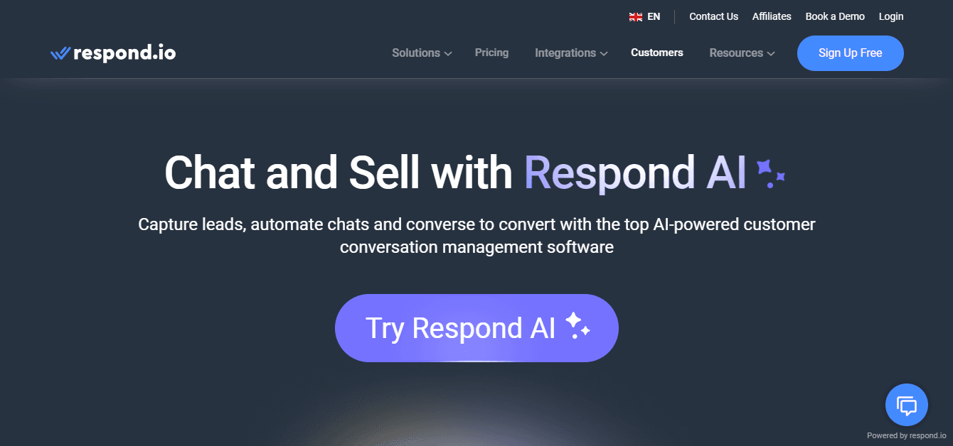 Homepage of Respond.io, one of the great Wati alternatives.