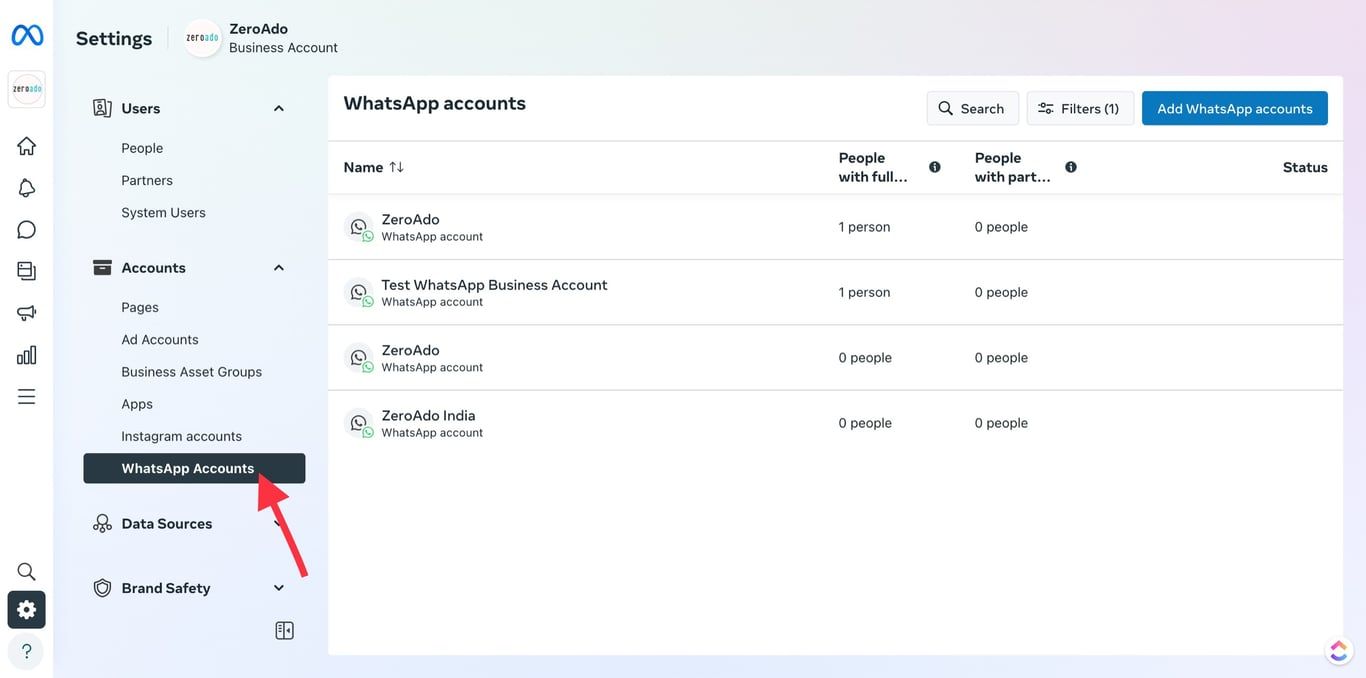 Accounts option for getting WhatsApp Business account ID.