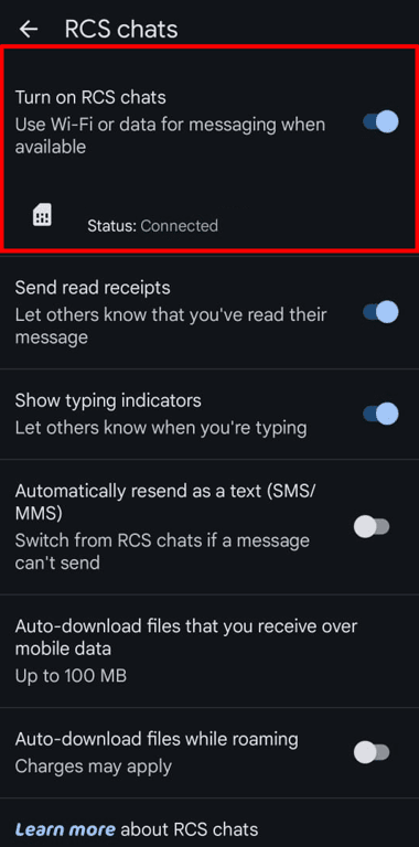 Toggle the RCS Chat button to enable or disable the RCS functionality on your Android device.