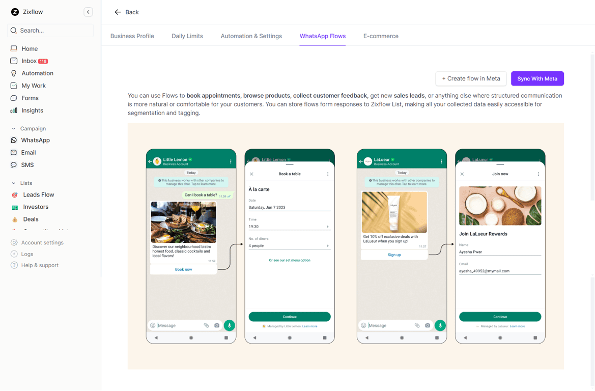 WhatsApp Flows sync screen in Zixflow to see the synced Flows.