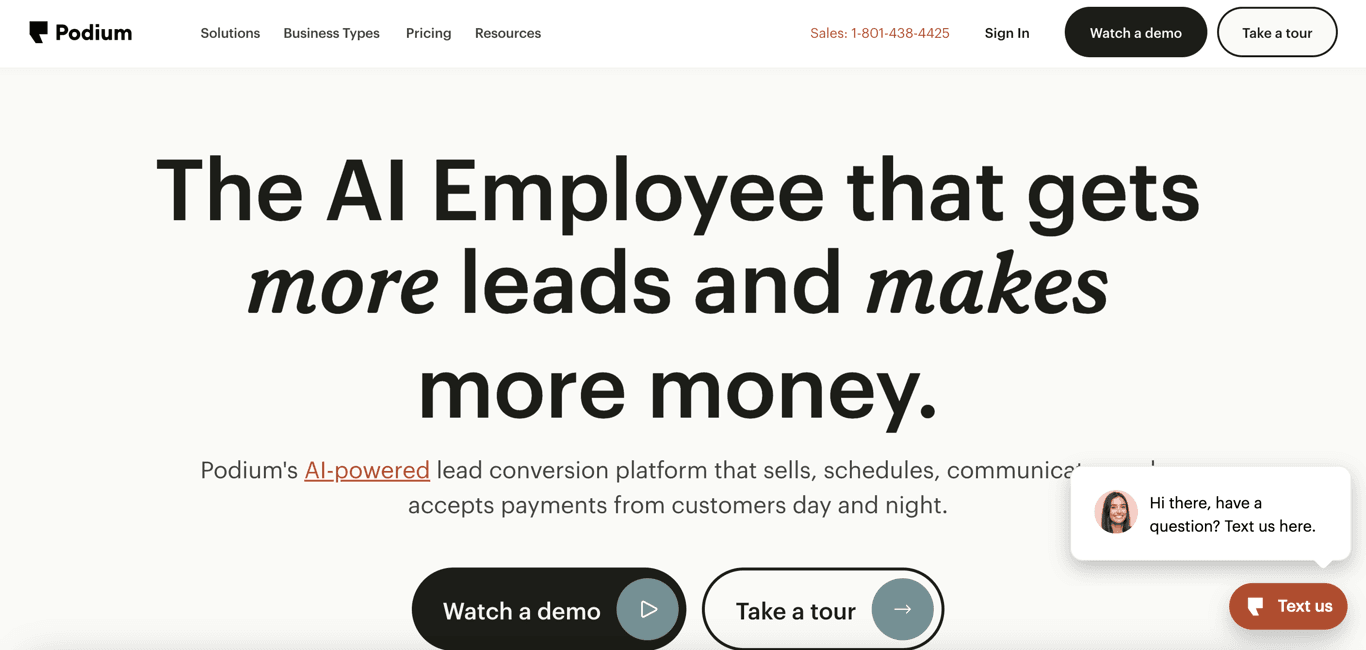 Homepage of Podium, a good competitor to Twilio.