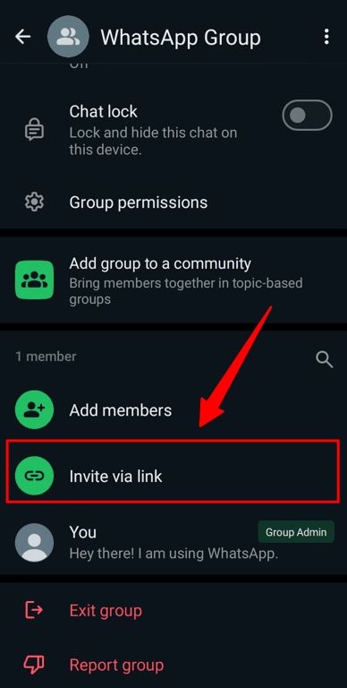 The ‘Invite via link option in the WhatsApp Group settings to add members to your group.