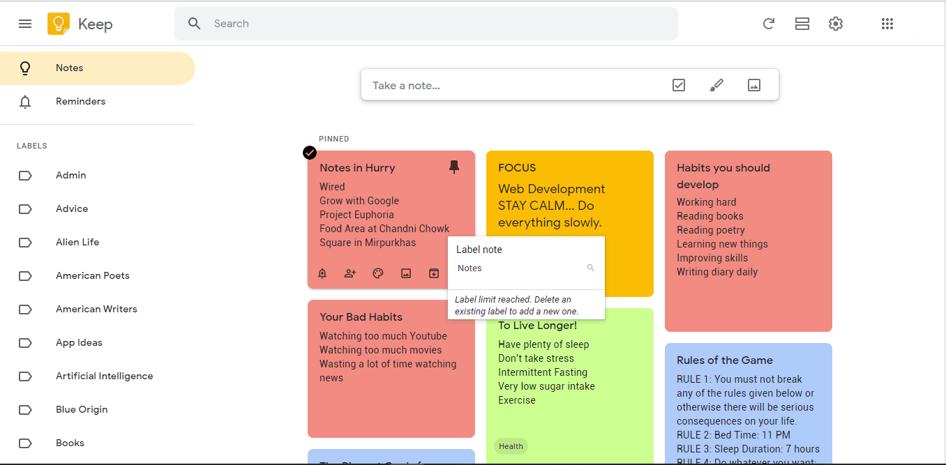 Google Keep, a free Notion alternative.
