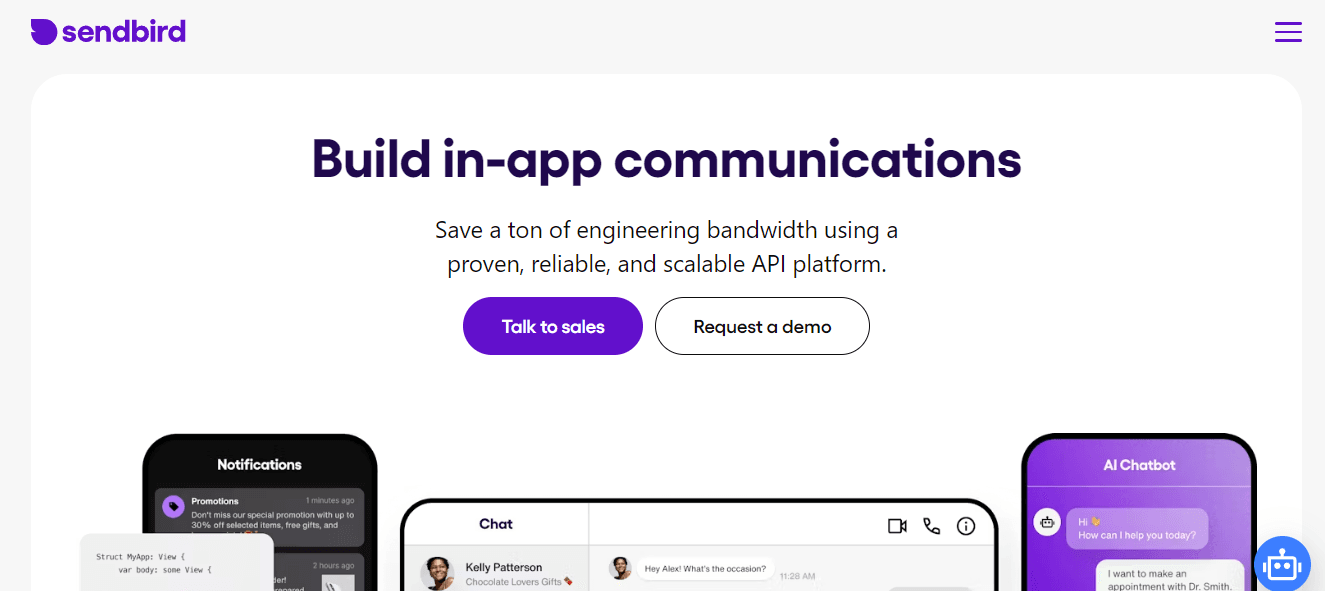 Homepage of Sendbird, an alternative to WhatsApp Business.