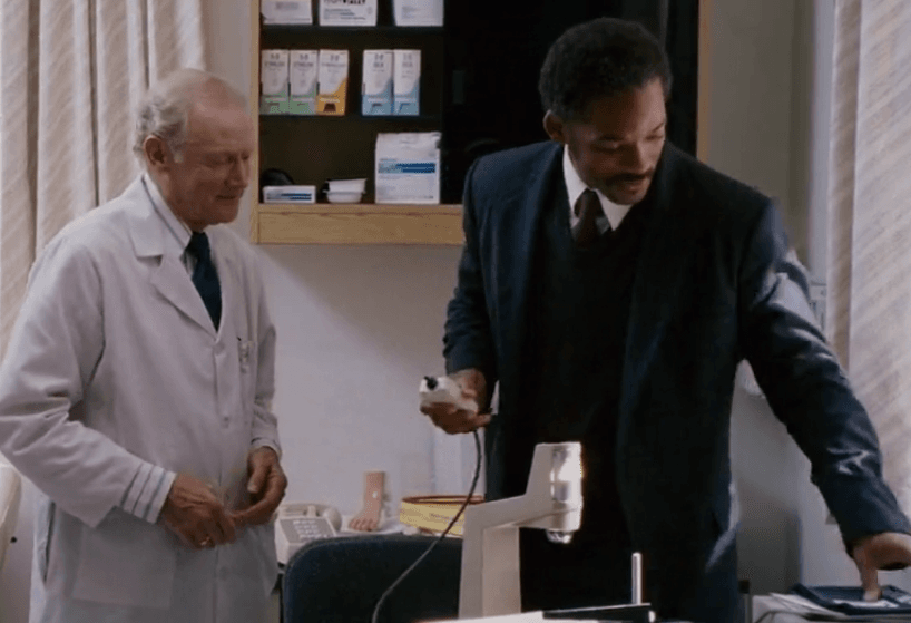 Chris trying to sell his bone density scanner in the movie The Pursuit of Happyness.