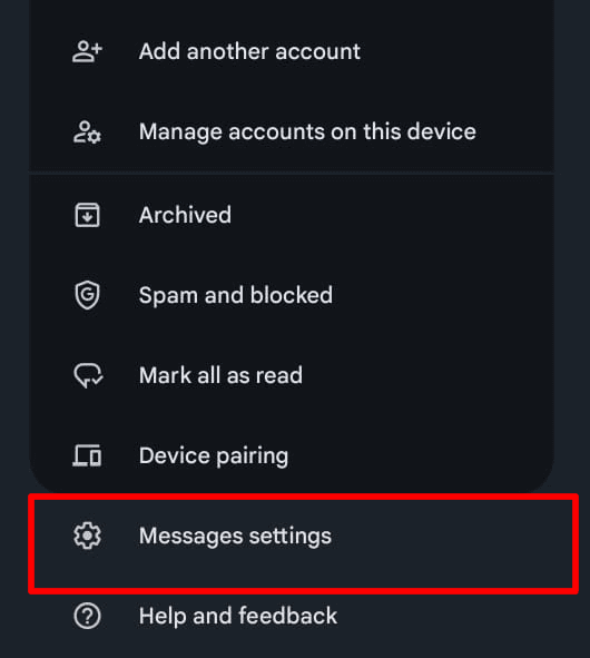 Google Message settings options.