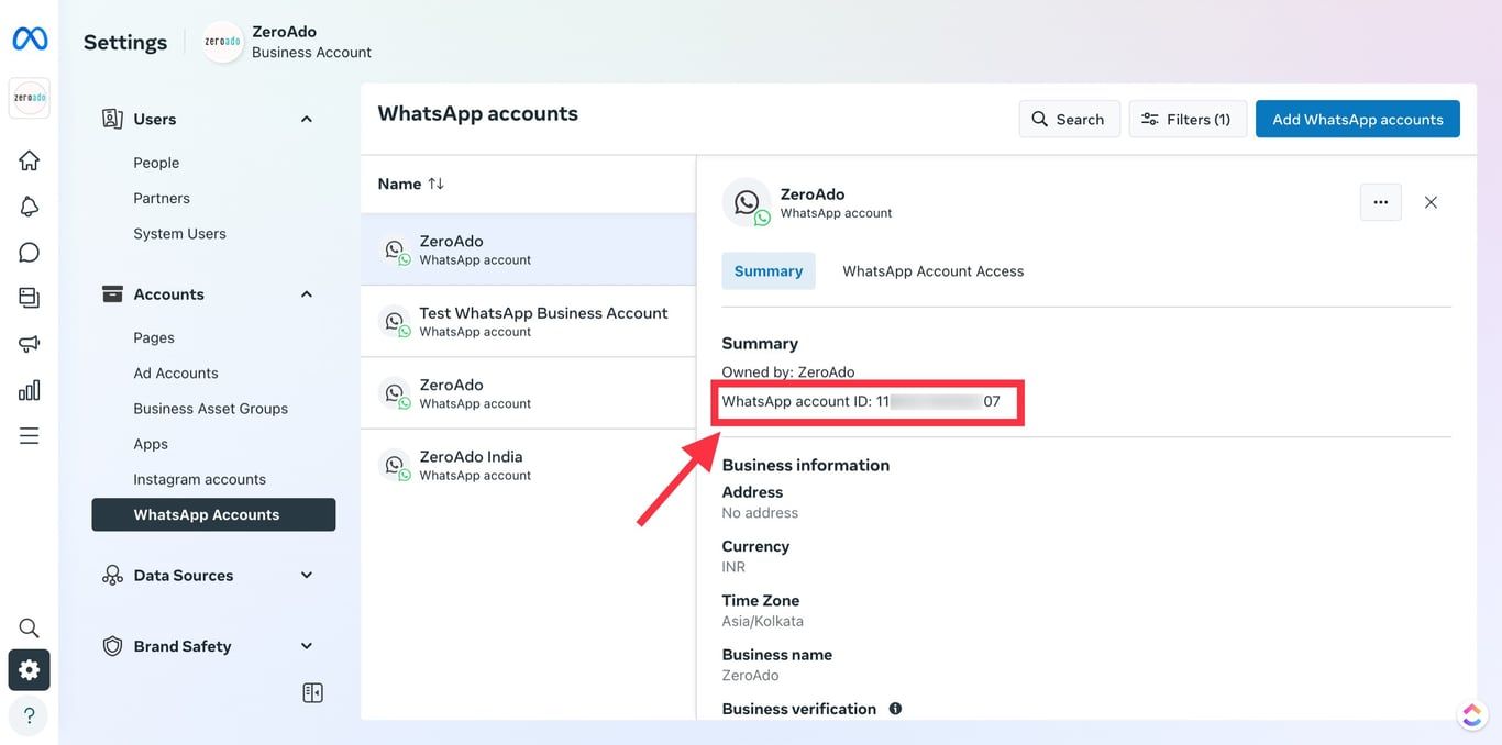 WhatsApp Business account ID page.