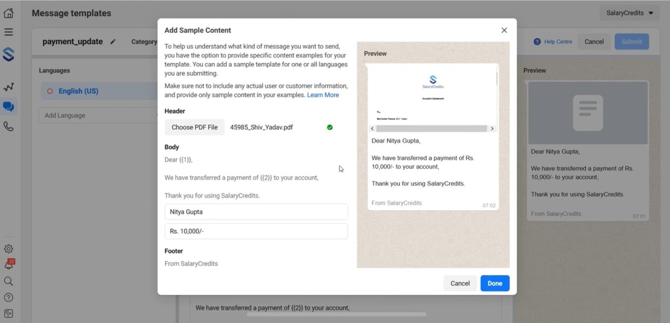 Add sample content to send messages.