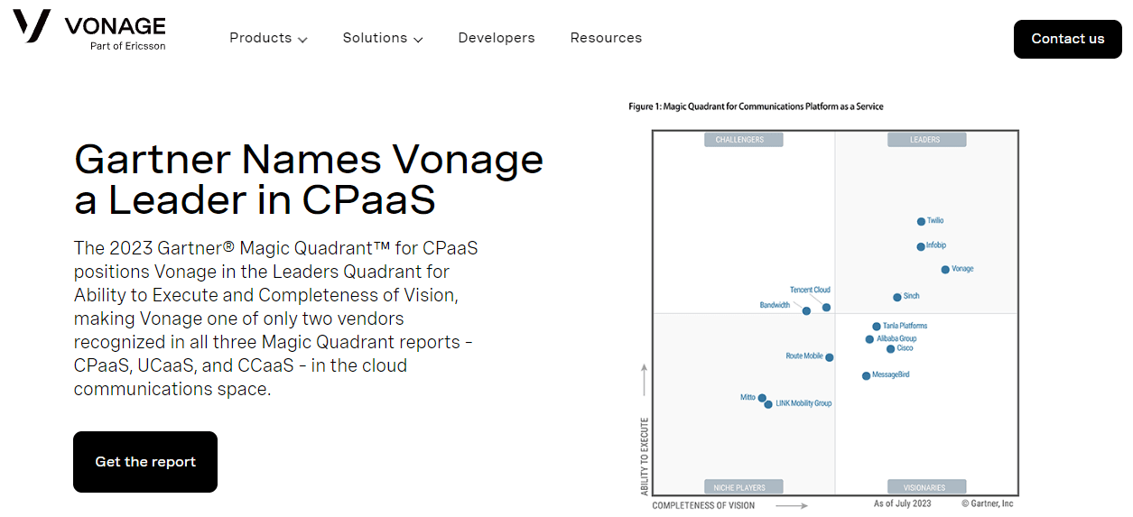 Homepage of Vonage, a good alternative to Twilio.