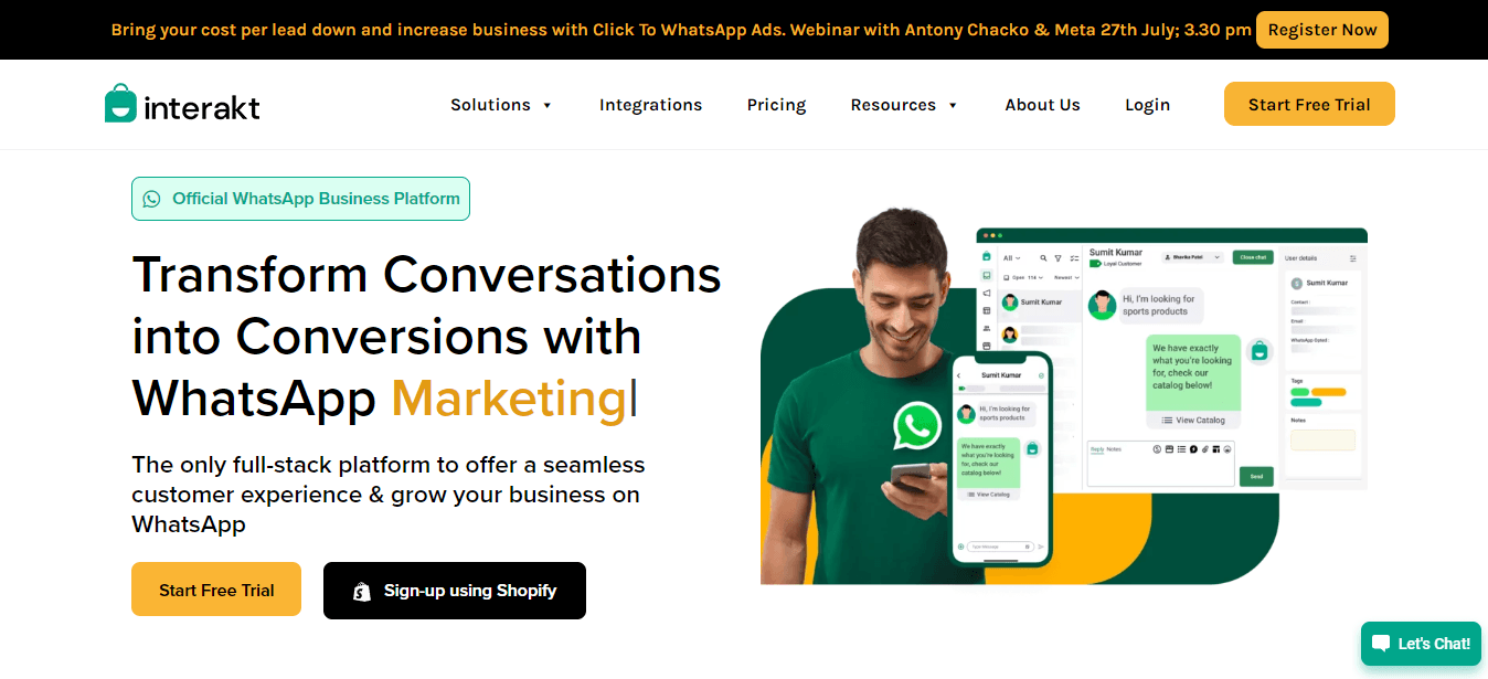 Interakt, an official WhatsApp Business API provider.
