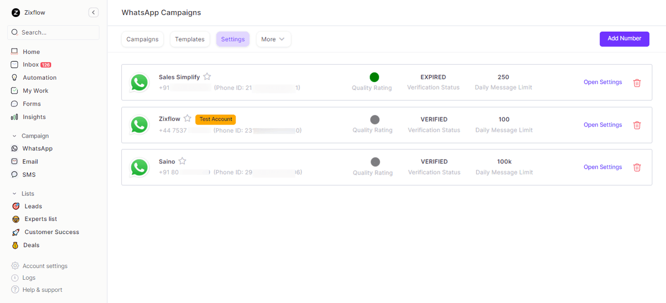 WhatsApp numbers listed to Zixflow.