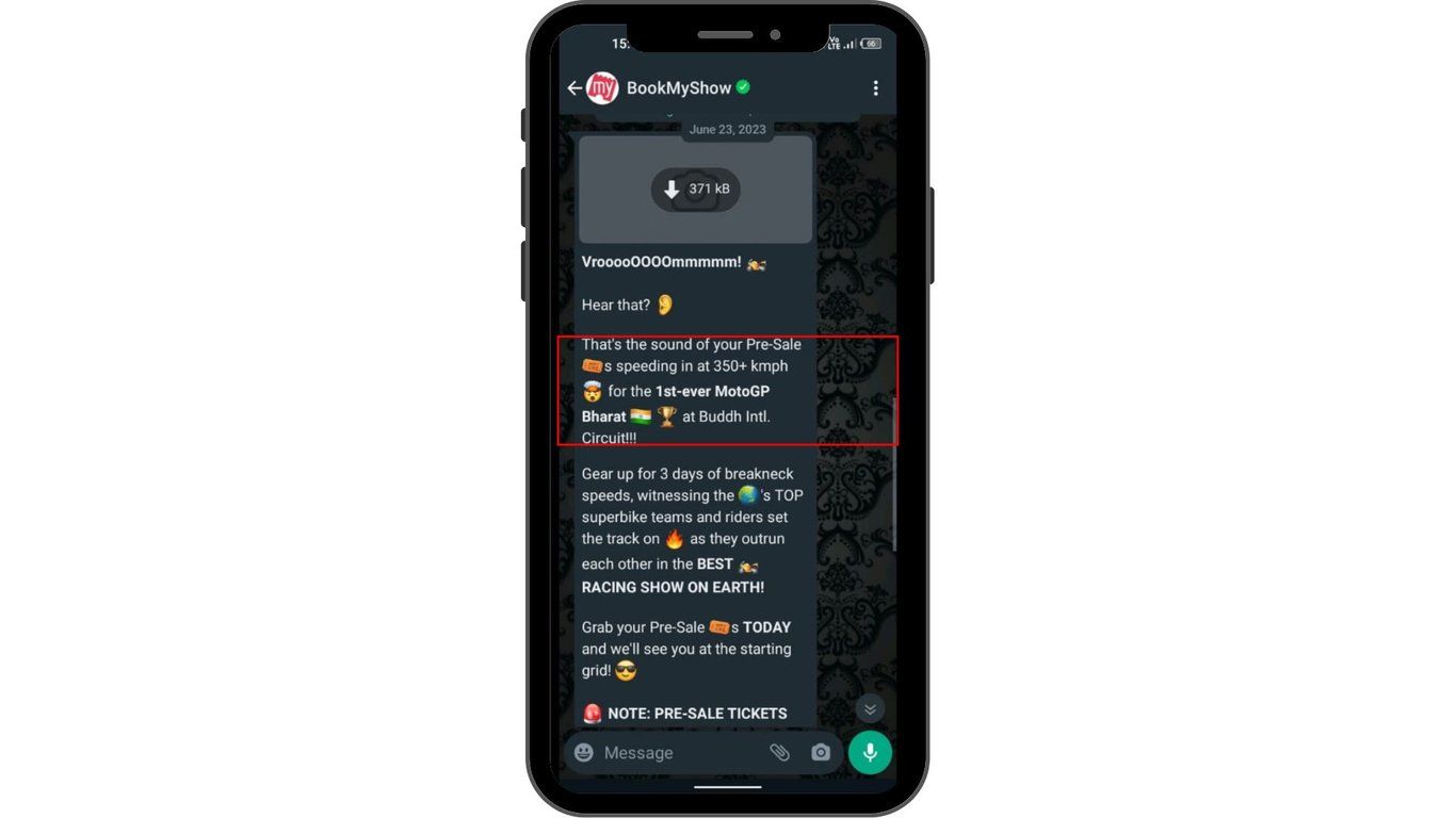 Pre-sale offer advertisement message with BookMyShow.