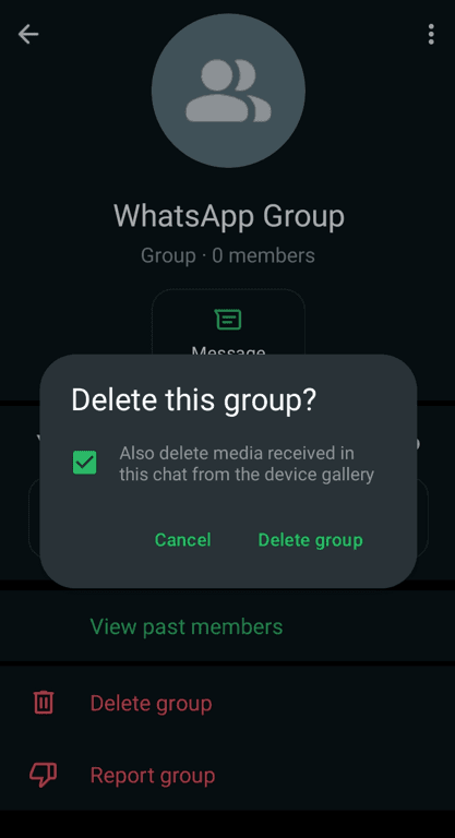 The delete group confirmation message asking if you want to delete the group’s media from your device.
