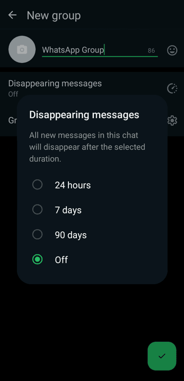The disappearing message setting in the WhatsApp mobile app.