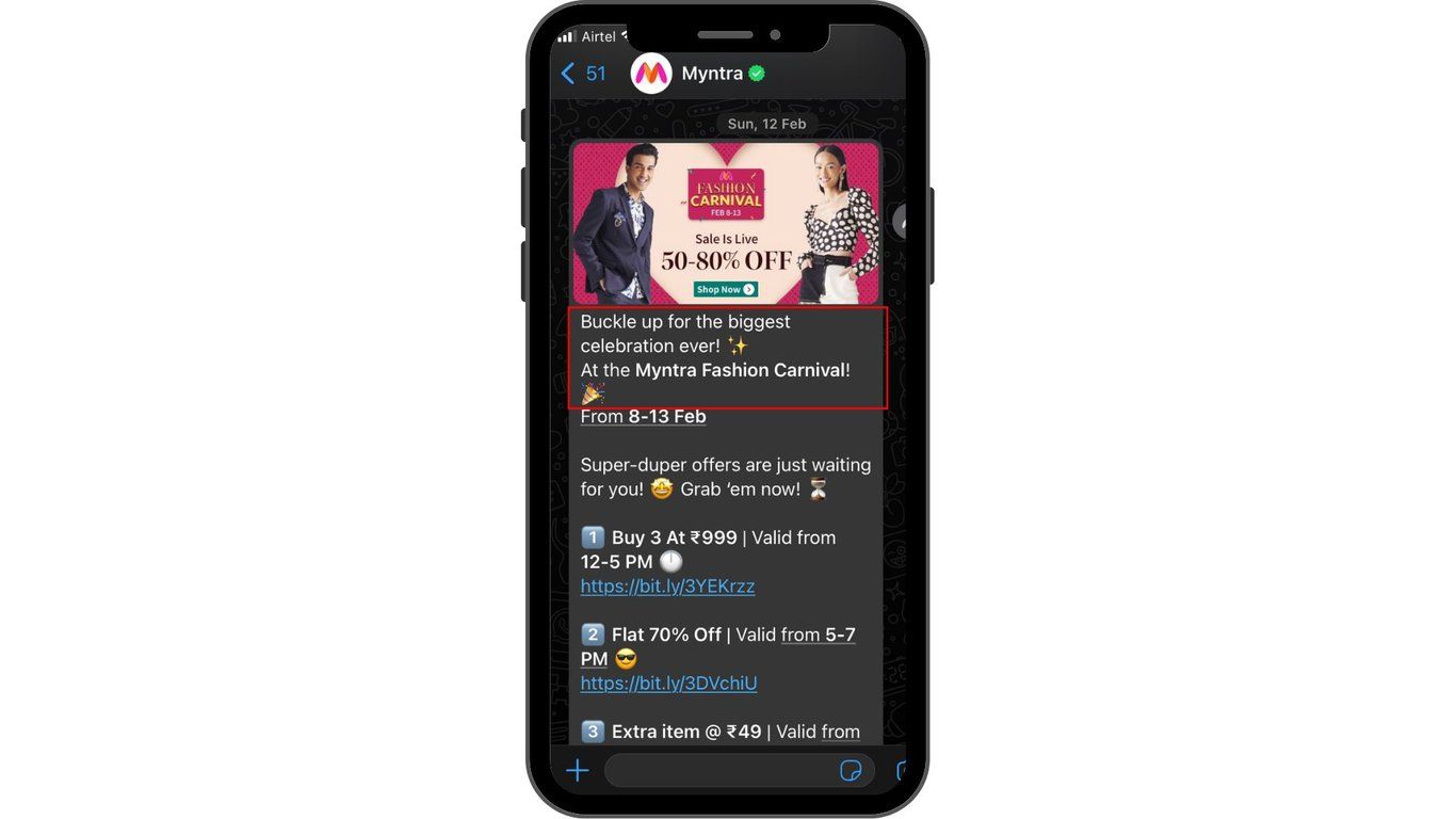 Incoming sales advertising message shared by Myntra.